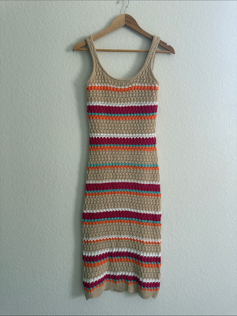 Paper Heart Crochet Maxi Dress Sleeveless Tan/Orange/Pink Size M